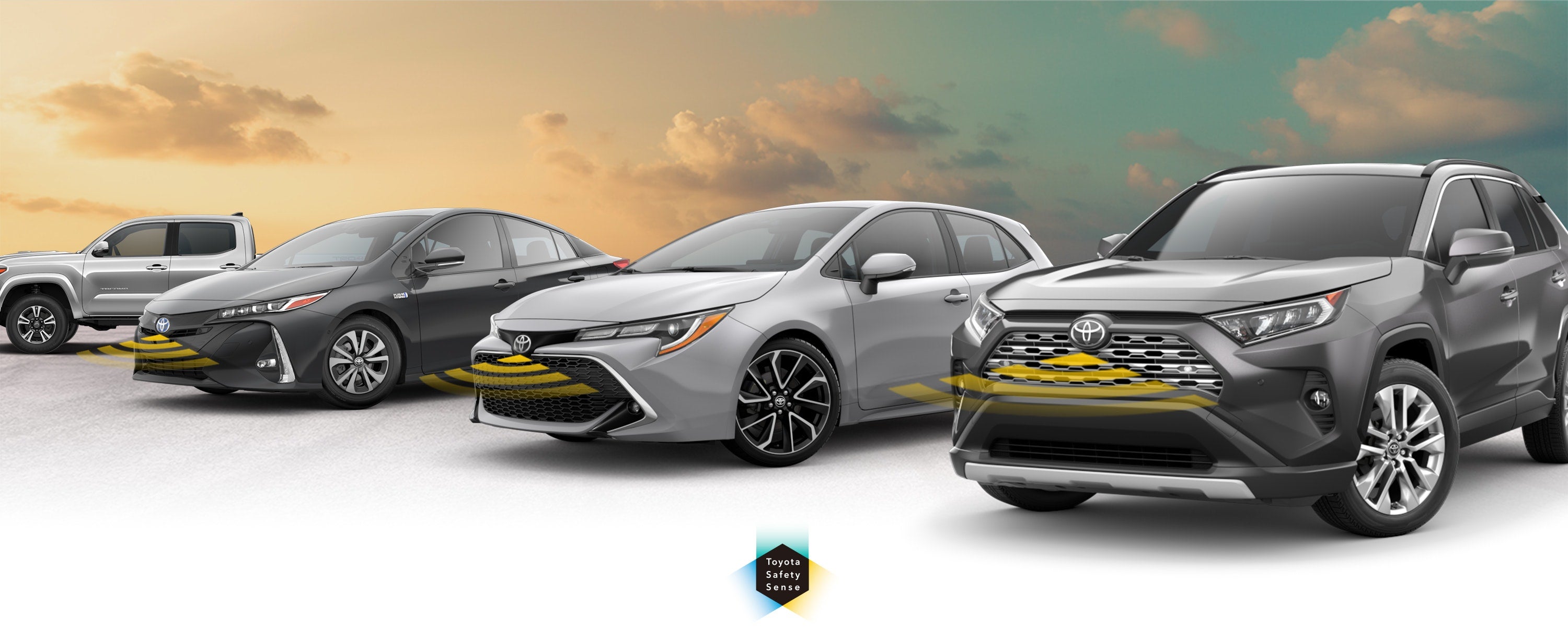 Toyota Safety Sense: Designed for Safety. Options shown on Toyota models including RAV4, Tacoma, and Camry, available now at Vic Vaughan Toyota of Boerne in Boerne TX.